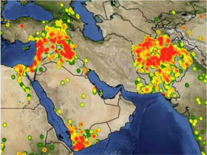 The University of Maryland's 2015 Terrorist Attacks Concentration Intensity Map based on the Global Terrorism Database (GTD). 